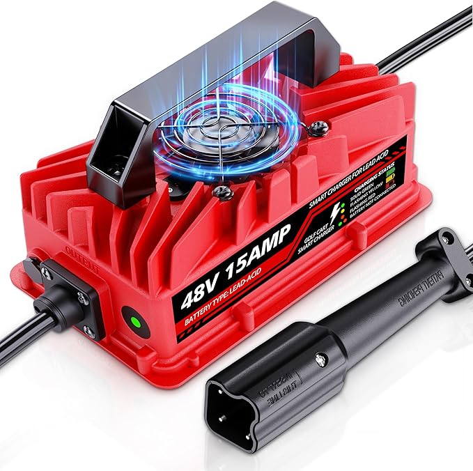 15 Amp 48 Volt Golf Cart Battery Charger for Yamaha G29 Drive & Drive 2-3-Pin Leaf Plug, Smart Charger for Lead-Acid Batteries, IP67 Waterproof, Multi-Protection, Unique Design (Red)
