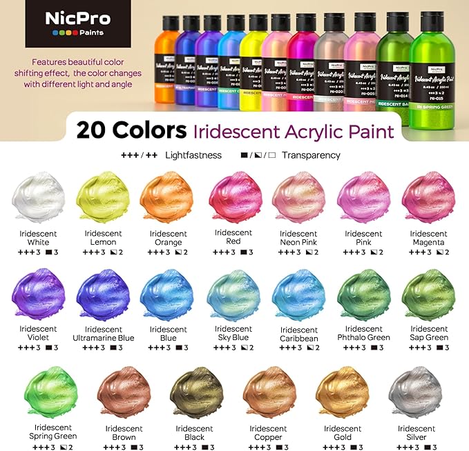 Nicpro 20 Colors Iridescent Acrylic Paint, 8.45oz / 250ml Large Bulk Metallic - Image 2
