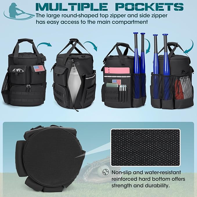 RAINSMORE Baseball Bucket Bag Baseball Coaches Accessories Organizer with Insulation Pocket Tactical Softball Bag with Anti-Slip Bottom, Multiple Pockets for Bat, Gloves, Scoreboards