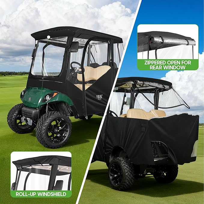10L0L Golf Cart Driving Enclosure 2/4 Passenger for Yamaha G14 G16 G22 G29 Drive2 with Heavy Duty Zipper,600D Golf Cart Rain Cover Driving Covers with Roll-up Windshield, 4-Sided Clear Window