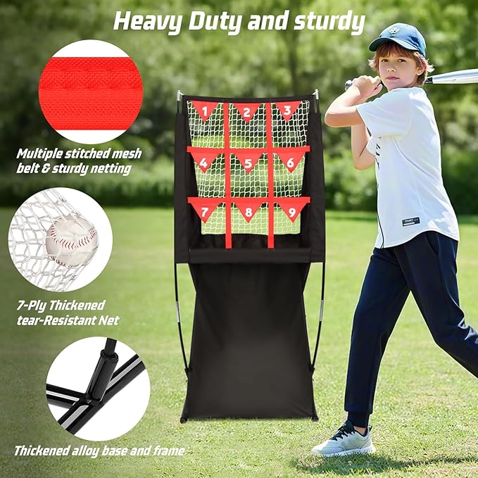 Storgem 9 Hole Pitching Net with Strike Zone, Baseball Softball Pitching Target Net with Automatic Ball Return, Portable Pitcher Training Equipment Height Adjustable, Carry Bag
