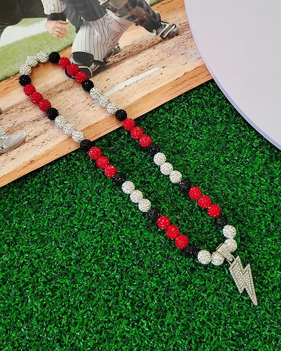 Baseball Necklace for Men 16/18/20 Inch Bling Ice Collection Lightning Bolt Pendant Necklace for Women Rhinestone Clay Beaded Discoball Accessories Gifts for Baseball Team Players Lovers