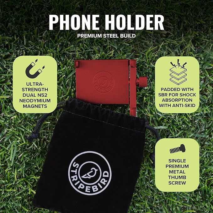 Stripebird - Magnetic Golf Cart Phone Holder - US Patented, Neodymium N52 Magnets - Golf Cart Phone Mount for iPhone & Samsung - Slim Golf Caddy Accessories for Men & Women