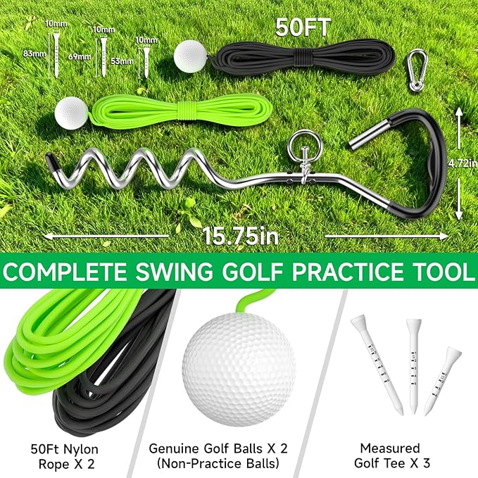 Golf Swing Trainer with 2 Golf Swing Ball & Rope, Golf Training Aid for Backyard, 3 Calibrated Golf Stakes to Analyze 50 Feet of Golf Training Balls Flight, Home Outdoor Golf Swing Practice