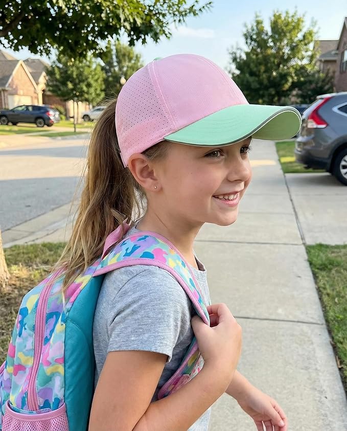Little Girls Reflective Baseball Cap Criss Cross Ponytail Hat Kids Quick Dry Mesh Summer Sports Hat for Toddler Ages 3-8