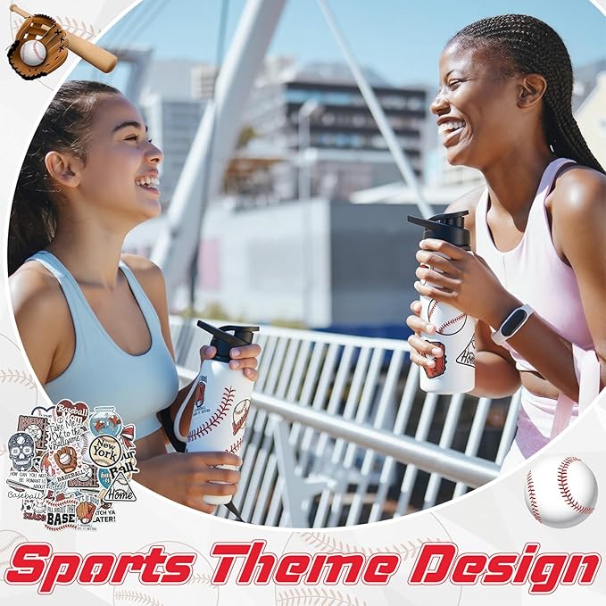Ceenna 2 Pcs 24 oz Baseball Water Bottle with 50 Stickers, Stainless Steel Insulated Travel Tumbler Baseball Gifts for Team Sports Fans, Travel Gym Hiking Cycling Camping Bike Cages
