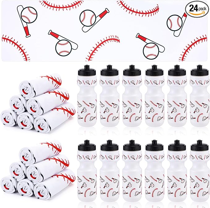 24 Pcs Sports Water Bottle Cooling Towel Set Include 12 Baseball Water Bottle 12 40"x12" Cooling Towels Sports Themed Accessories for Soccer Team Gift Events Party Players Lovers Team Coach Training