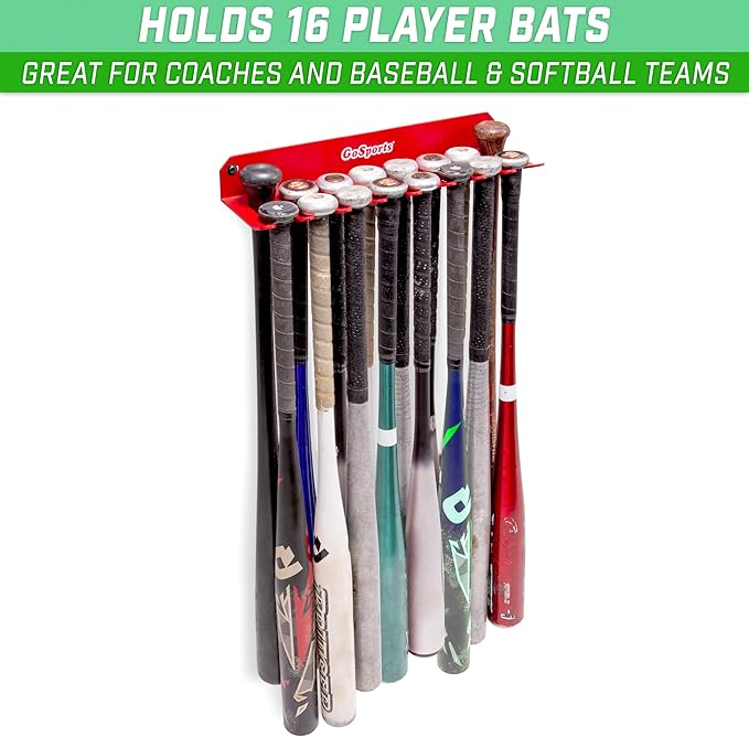 GoSports Baseball & Softball Bat Racks - Black or Red, Holds 16 Bats - Mount on Wall or Clip on Dugout Fence