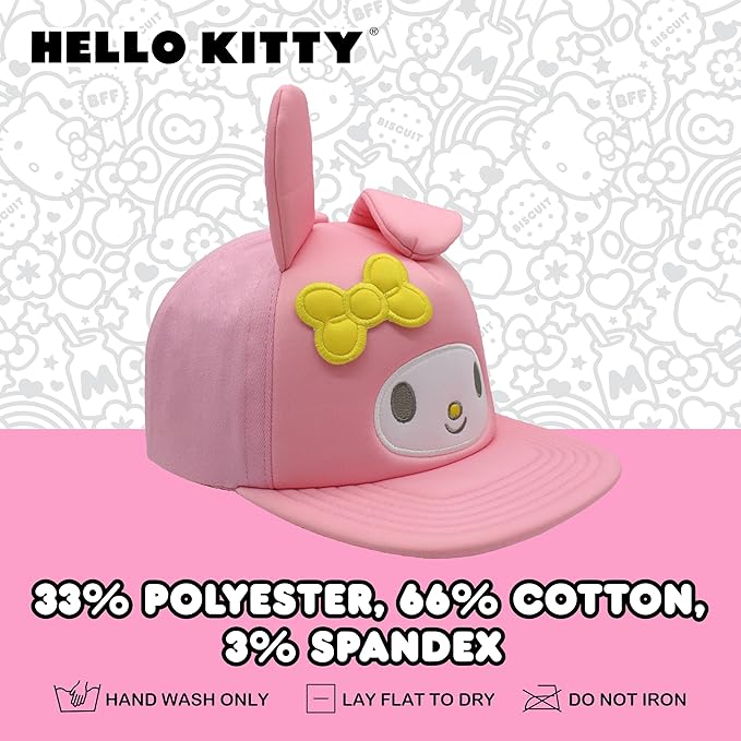 Hello Kitty Baseball Cap, Women's Snapback Hat with Flat Brim and 3D Ribbon and Ears