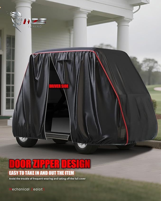 MZS Golf Cart Cover Compatible with 2/4/4+2 Passenger Car, Heavy Duty 600D Waterproof Golf Cart Covers Outdoor Accessories with Zipper Cotton Wind Sun Rain Proof Reflective Vents
