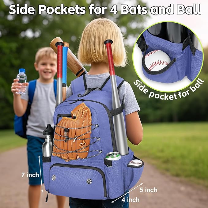 MATEIN Baseball Bat Bag for 4 Bats with Ball Pocket, Lightweight Youth Baseball Backpack with Shoe Compartment, Large Capacity Softball Equipment Bag with Fence Hook for TBall Gear, Helmet, Glove