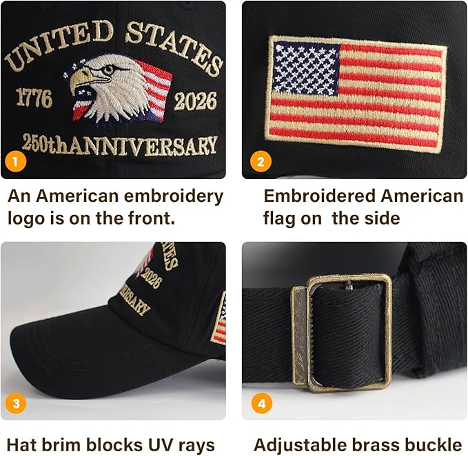 U.S.A 250th Anniversary Embroidered Baseball Cap Adjustable 1776-2026 Anniversary Birthday Retro Patriots Hat for Men Women