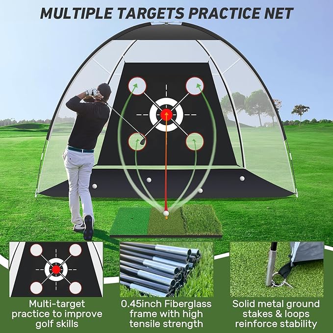 Golf Net with Practice Mat,Golf Hitting Aid Nets 10x7FT for Backyard Driving Chipping Training Swing with Target Mat Balls for Outdoor Indoor，Gifts for Men Dad Him and Golfer