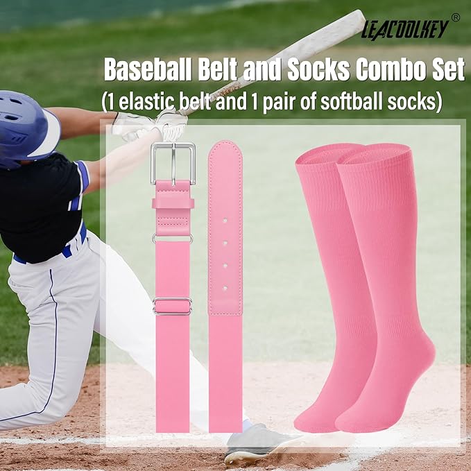 LEACOOLKEY Baseball Belt and Socks Combo Set Adjustable Softball Socks and Elastic Belt for Youth and Adult