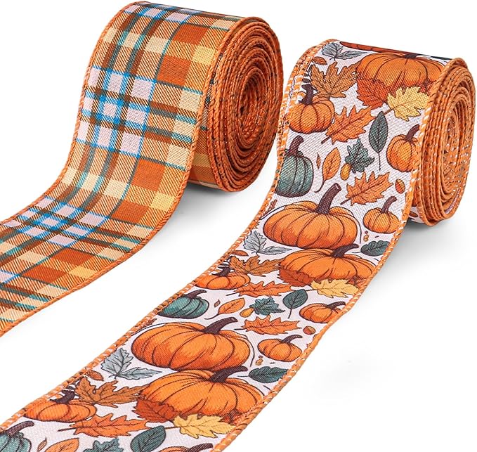 2 Rolls 2.5 Inch x 20 Yards Thanksgiving Fall Wired Ribbon by Habbiful