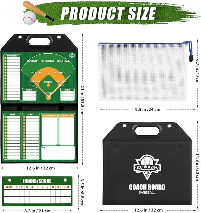 Magnetic Baseball Lineup Board for Dugout | Leather Cover, Foldable Coaching Board for Baseball & Softball with Carry Handle, Includes 40 Lineup Cards,Scoreboard, 2 Markers, Eraser, 4 Carabiners & Bag