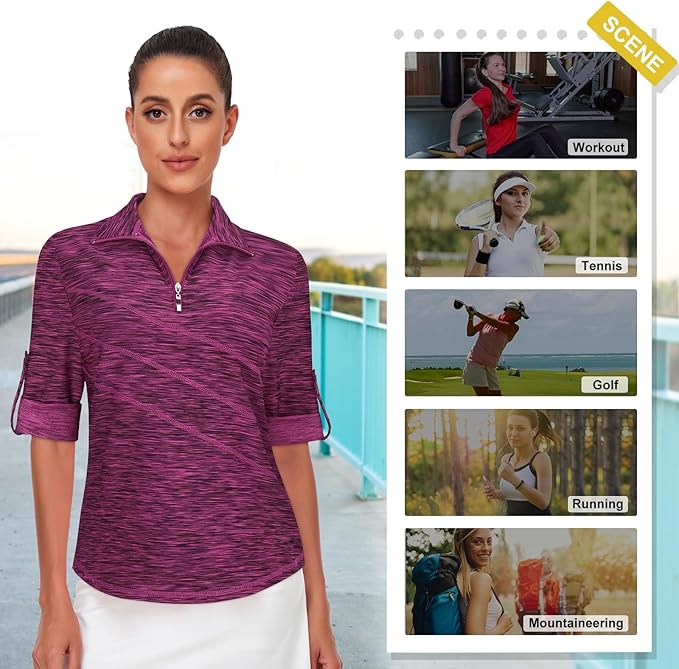 Koscacy Women's 3/4 Roll Sleeve Golf Tennis Polo Shirts UPF50+ Half Zip Dry Fit Workout Tops Athletic Shirt