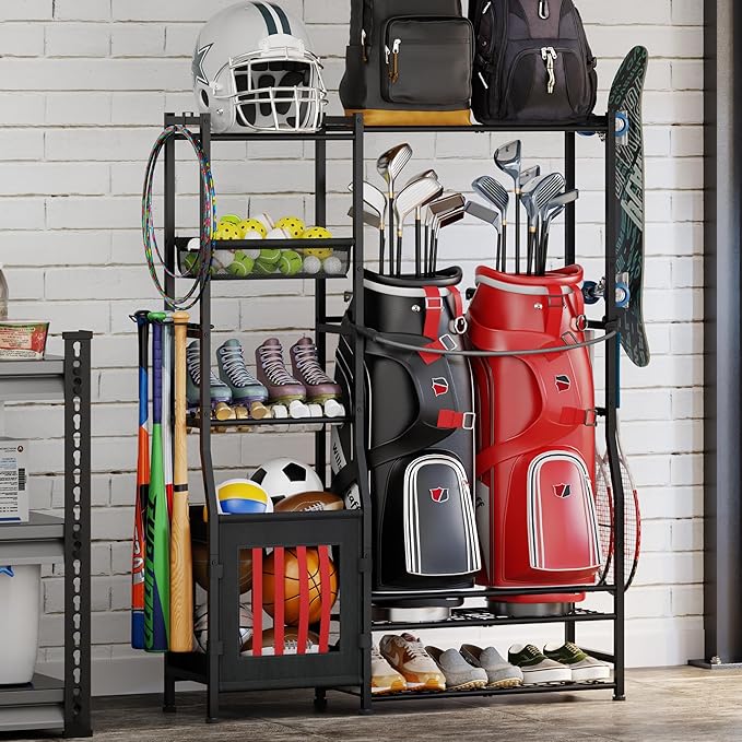 Sonyabecca Garage Sports Equipment Organizer, Golf Bag Storage Rack, Organizer for 2 Golf Bag, Indoor/Outdoor Ball Storage Bins for Toy Sports Gear Storage, Ideal for Home, Garage, Club, Basement