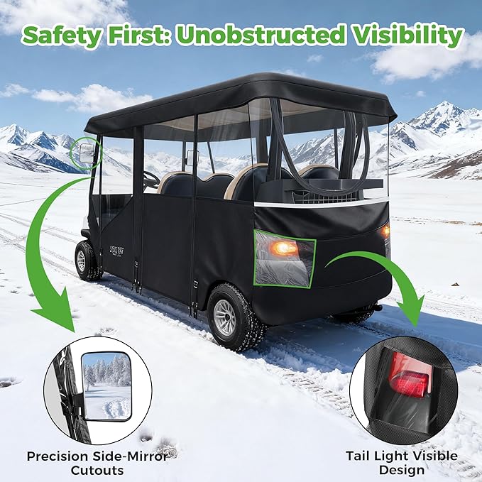 10L0L 2/4/8 Passenger Golf Cart Enclosure for Club Car Precedent/Tempo/Onward, 600D Waterproof Golf Cart Rain Cover, Driving Enclosure with 4-Sided Clear Windows Roll-up Door Black -Roof 58"-141"