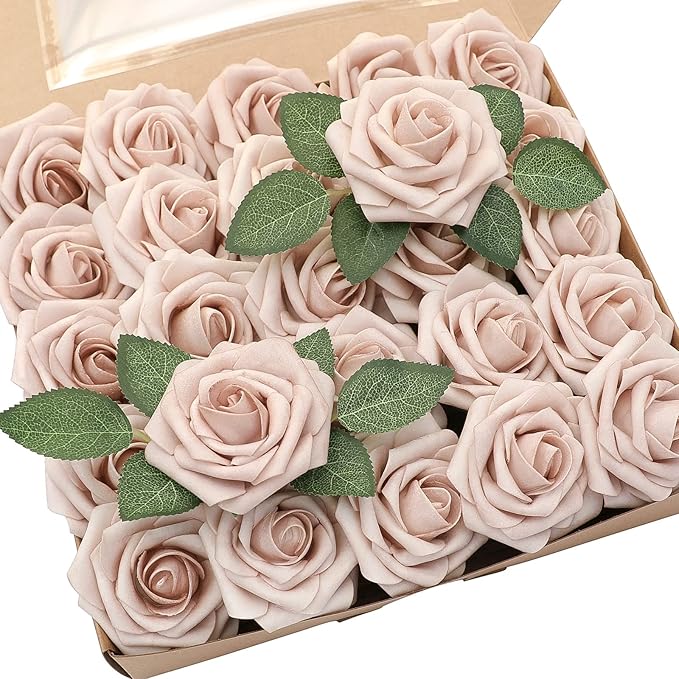 Floroom Artificial Flowers 25pcs Real Looking Nude Foam Fake Roses by Floroom