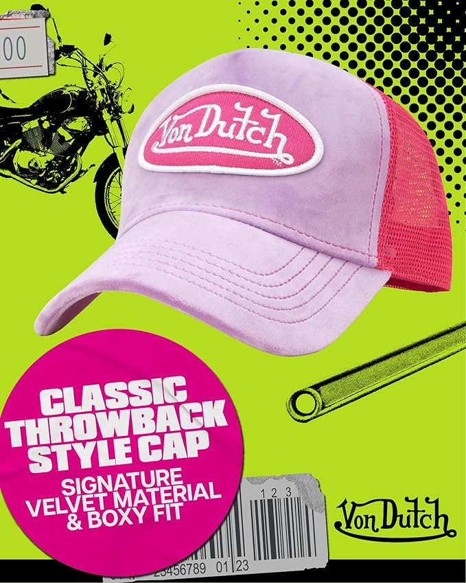 Von Dutch Unisex Trucker Hat - Velvet Curved Bill Mesh Back Retro Classic Adjustable Snapback Baseball Cap for Men and Women