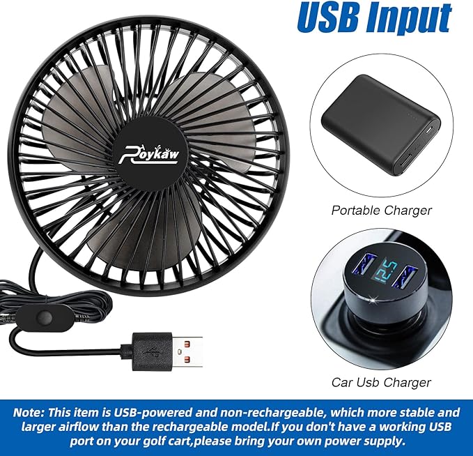 Roykaw Golf Cart Fan Portable USB Input Compatible with EZGO Club Car Yamaha, 3-speed Settings, 360 Degree Rotation, Long Lasting, Low Noise Designed, Quick Release & Won't Fall off
