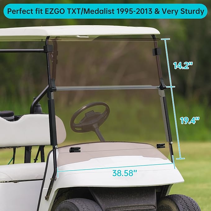 10L0L Golf Cart Windshield for EZGO TXT Gas and Electric 1995-up, Foldable Golf Cart Windscreen, Anti-UV and Impact Resistant, Clear/Tinted
