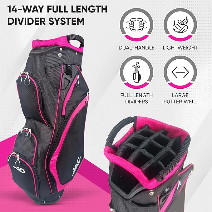 JAD Lightweight Womens Golf Bag, Golf Cart Bag with Dual Handles for Women/Ladies, 14-Way Full-Length Top Dividers, Large Putter Well, Ultra Lightweight, Large Pockets for Accessories