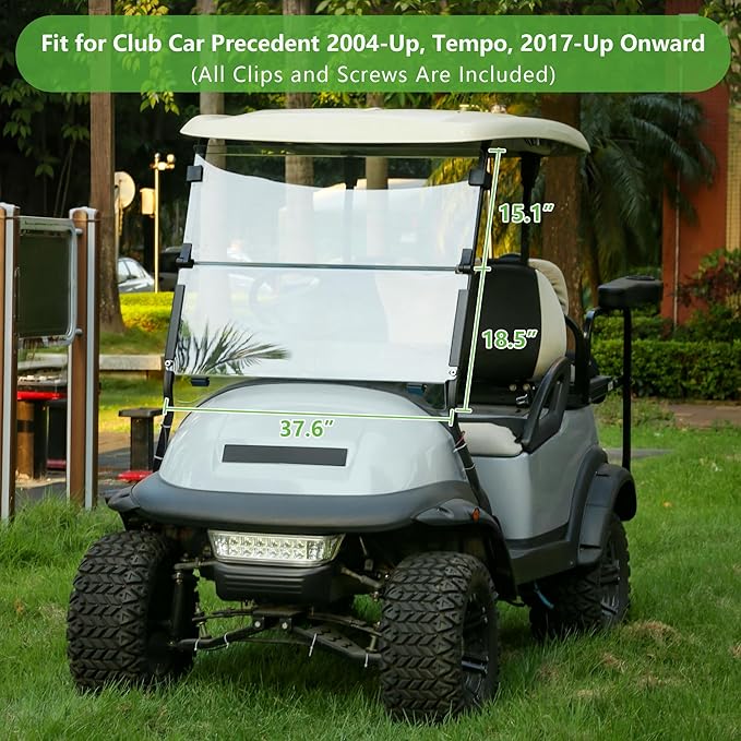 10L0L Golf Cart Windshield for Club Car Precedent 2004-Up, Tempo, 2017-Up Onward, Clear/Tinted Fold Down Club Car Windshield Anti-UV Impact Resistant, HD View, 37.5" W X 33.6" H
