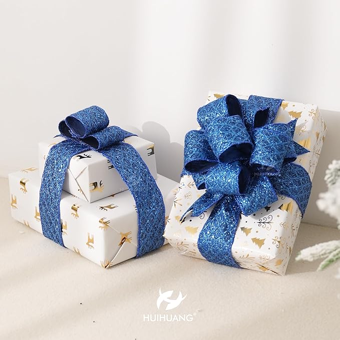 HUIHUANG Navy Blue Wired Ribbon 2.5 inch Glitter Diamond Mesh Wire Edge Ribbon - Image 5