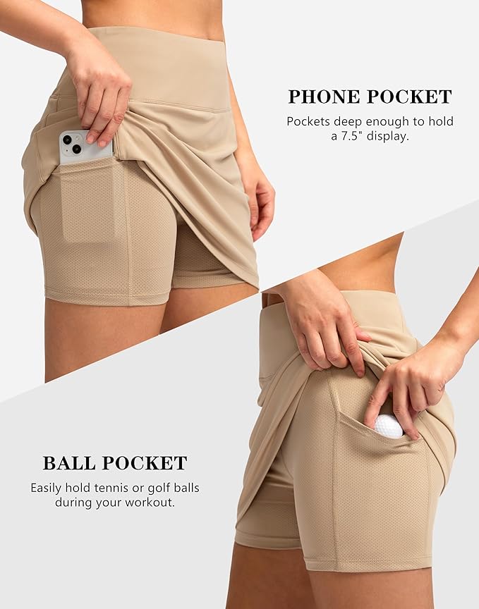 Women's Golf Skirts Skort 4 Side Pockets High Waisted Stretchy Tennis Skirt with Short Athletic Casual