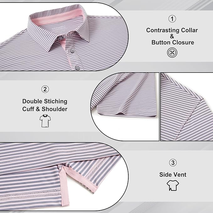 Golf Shirts for Men - Moisture Wicking Short Sleeve Performance Sport Casual Striped Collared Mens Polo Shirt
