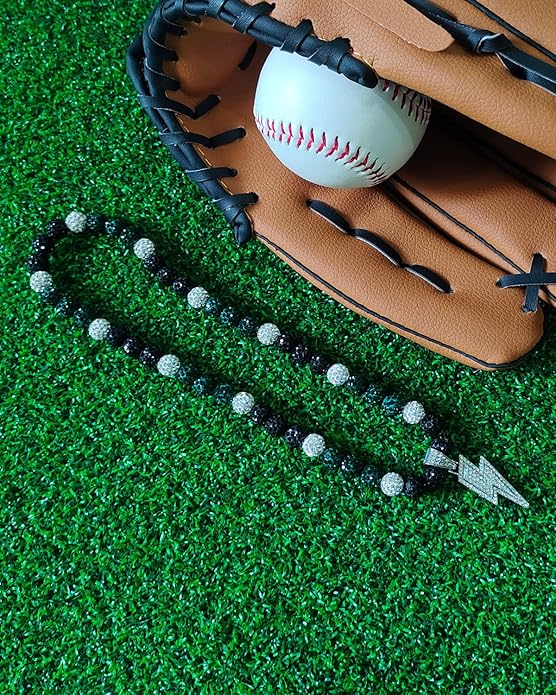 Baseball Necklace for Men 16/18/20 Inch Bling Ice Collection Lightning Bolt Pendant Necklace for Women Rhinestone Clay Beaded Discoball Accessories Gifts for Baseball Team Players Lovers