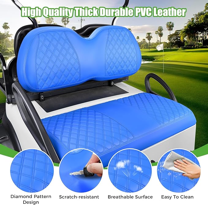 10L0L Golf Cart Seat Covers for Club Car Precedent,EZGO TXT Front/Rear Seats Diamond Pattern,Vinyl Leather with Adjustable Straps and Retractable Buckle, No Stapler Needed