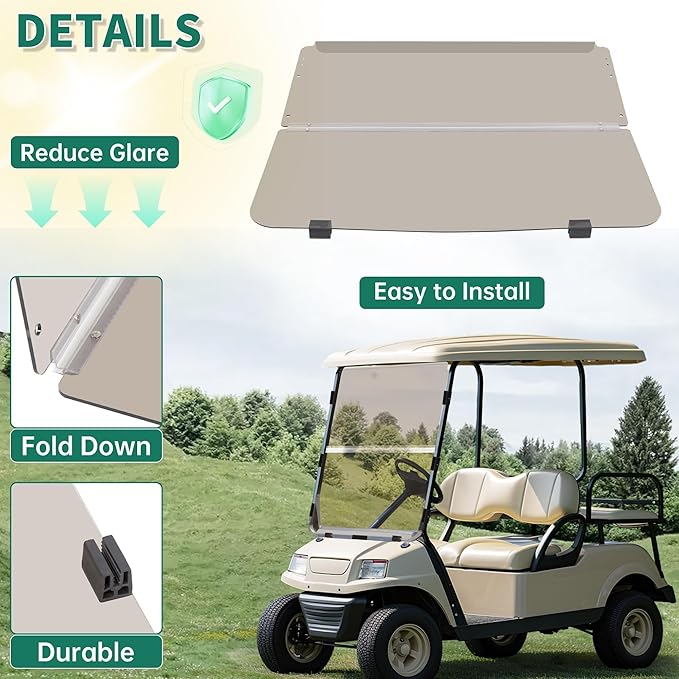 ECOTRIC Tinted Windshield Compatible with 1982-2000.5 Club Car DS Golf Cart Smoke Style Fold Down Windscreen