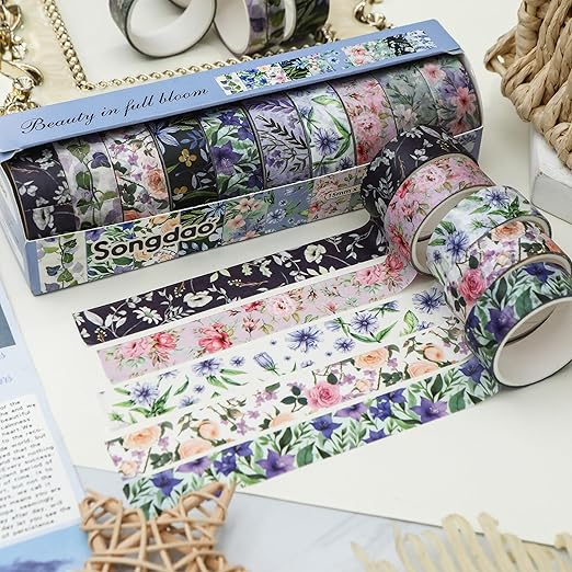 10 Rolls Blooming Flowers Washi Tape Set Floral Arts Adhesive Tapes Colorful - Image 3