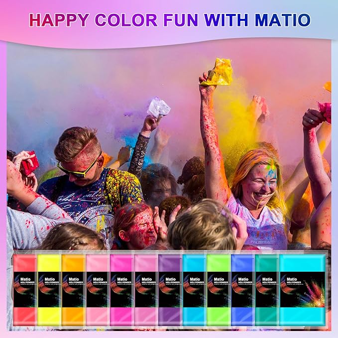 Matio Color Run Powder, 12 Pack 3.5oz/100g Each Natural Holi Powders Assorted - Image 6