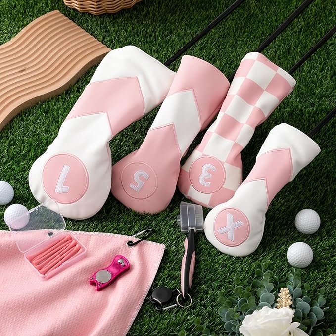 16 Pcs Golf Accessories Kit Include 4 Pcs Golf Club Head Covers, Ball Bag with Hook Towel Magnetic Ball Marker Tees Divot Tool Cleaner Brush for Gifts