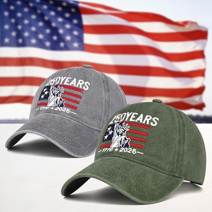 2 Pack USA 250th Anniversary Washed-Cotton Baseball Cap Patriotic Hat American 250 Year Merchandise for Men Women