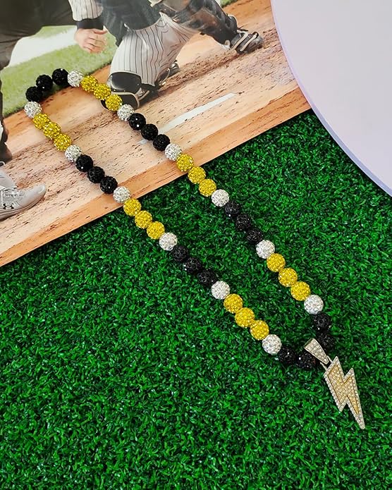 Baseball Necklace for Men 16/18/20 Inch Bling Ice Collection Lightning Bolt Pendant Necklace for Women Rhinestone Clay Beaded Discoball Accessories Gifts for Baseball Team Players Lovers