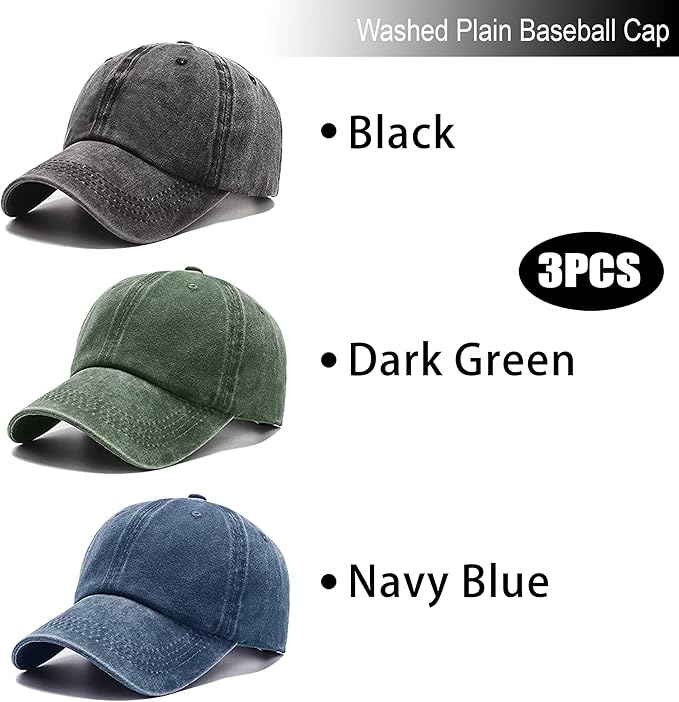 3 Pack Washed Plain Vintage Baseball Cap Cotton Adjustable Twill Bulk Low Profile Classic Dad Hat for Men/Women