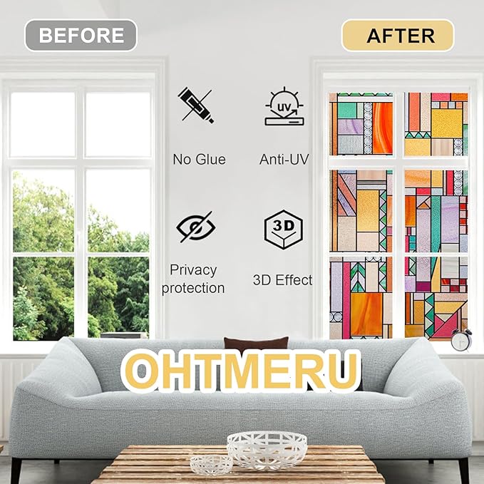 3D Stained Glass Window Privacy Film, Heat Control UV Blocking Static Cling - Image 3