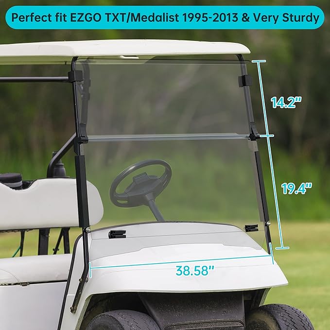 10L0L Golf Cart Windshield for EZGO TXT Gas and Electric 1995-up, Foldable Golf Cart Windscreen, Anti-UV and Impact Resistant, Clear/Tinted