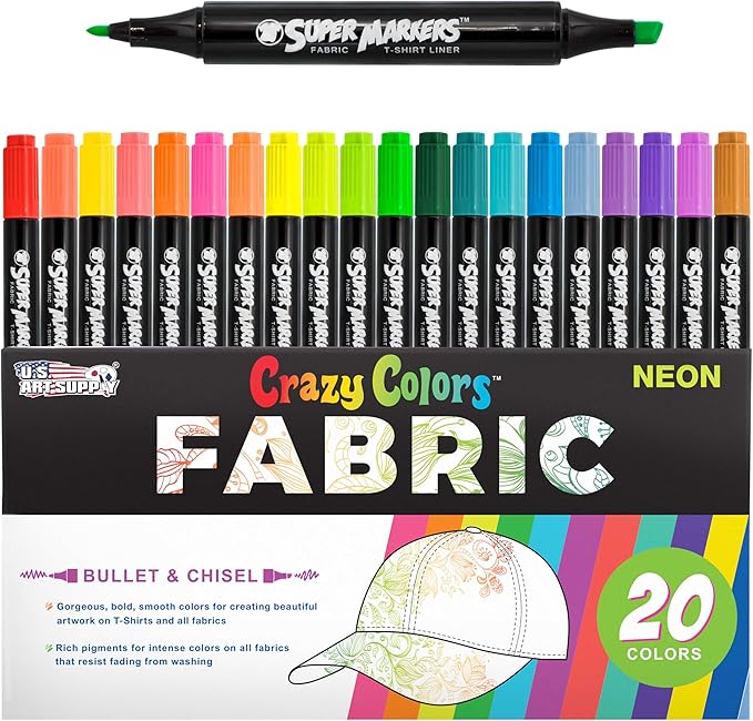 Super Markers 20 Unique Neon Colors Dual Tip Fabric & T-Shirt Marker Set by USArtSupply