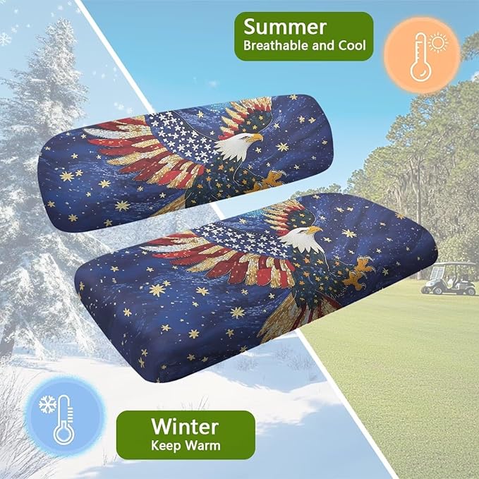 Bulopur Eagle American Flag Golf Cart Seat Covers Set for Ezgo Club Car Golf Cart Dust Covers for Bench and Backrest, Removable Golfcart Accessory