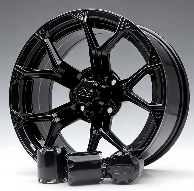 Golf Cart SS Wheel Center Cap Cover, ITP Push in Style Wheel Hub Caps Dust Cover for EZGO Club Car Yamaha and Other Models 8,10,12,14 inch Wheel,4 PCS(Gloss Black with Black SS)