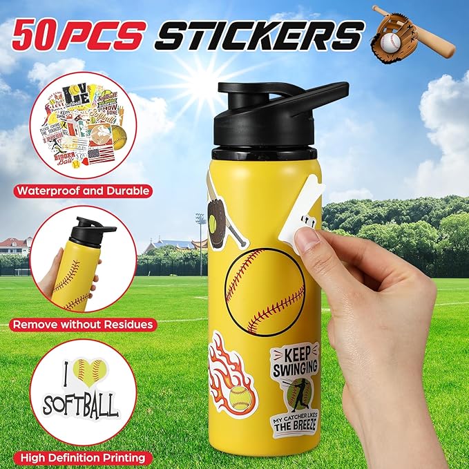 Ceenna 2 Pcs 24 oz Softball Water Bottle with 50 Stickers, Stainless Steel Insulated Travel Tumbler Softball Gifts for Team Sports Fans, Travel Gym Hiking Cycling Camping Bike Cages