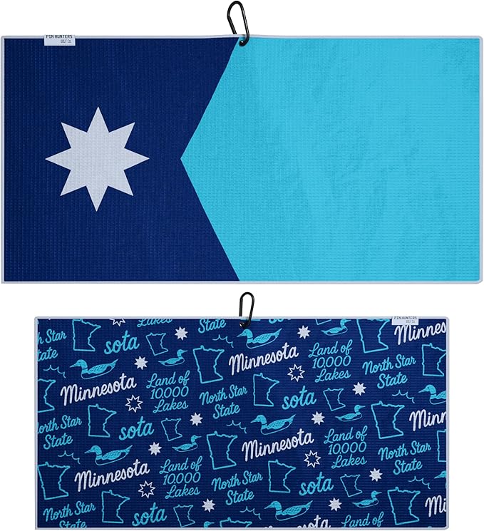 Pin Hunters Minnesota Flag Microfiber Golf Towel | Premium Waffle Towel with Clip | Large 31"×15.5" Towel for Golf Bags | Accessories for Men | Fun Gift for Husband | USA Pride