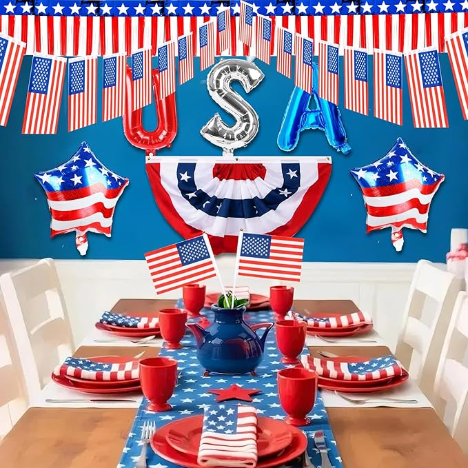 Tryly 4th of July Golf Cart Decorations Kit, Patriotic Parade Golf Cart Decor - Foil Fringe Garland, Pleated Fan Flag, Flag Windsock,Tinsel Garland, for Independence Day Memorial Day (Dependence)