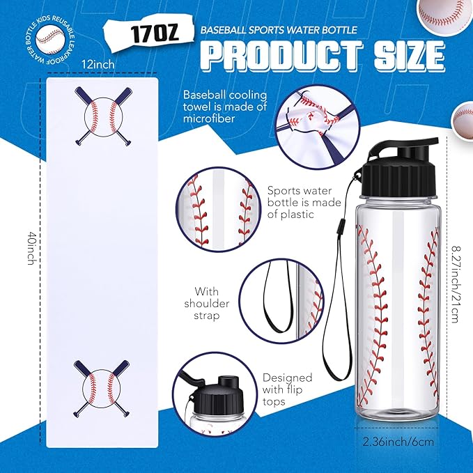 Reallnaive 36 Pcs Sports Water Bottle Cooling Towel Set Include 12 Reusable Sports Squeeze Water Bottle 12 Ice Towel Breathable 40"x12" Cooling Towels for Soccer Team Gift (Baseball)